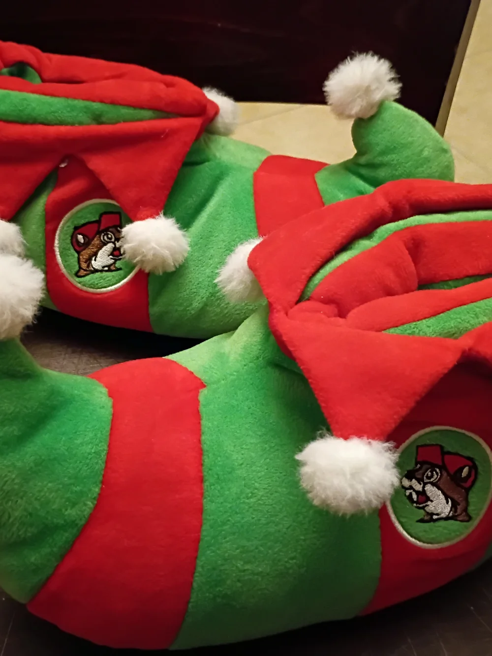 Kids Holiday Elf Slippers with Pom-Pom Accents - Green & Red